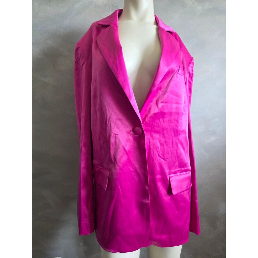 Azalea Wang Pink Satin Single Button Closure Long Line Blazer Sz L - Picture 2 of 13